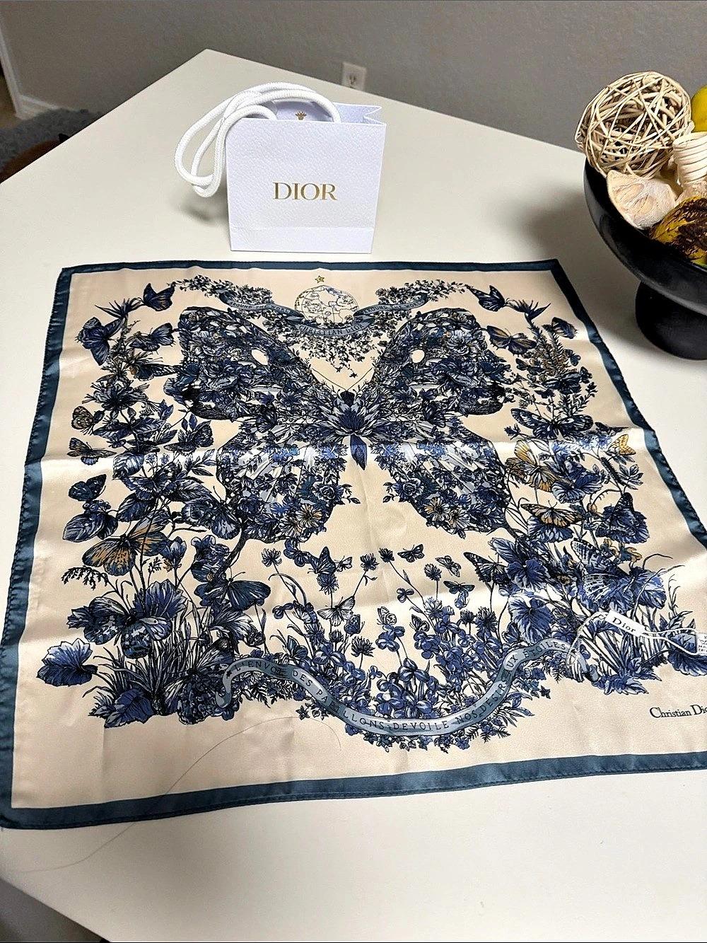 Dior Around the World 90 Square Scarf Silk Floral Scarf Blue & Cream NWT